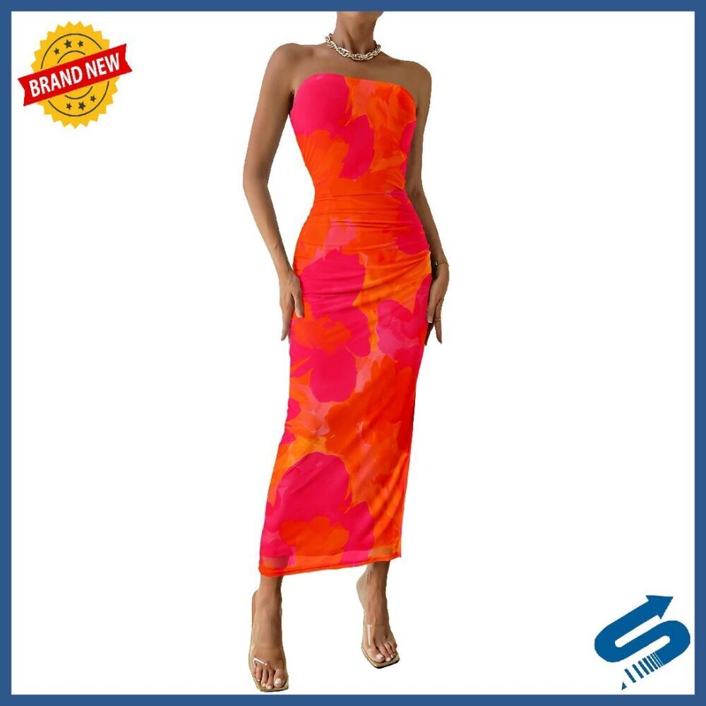 Strapless Maxi Bodycon Dress, Floral Mesh, Wedding Guest, Size M